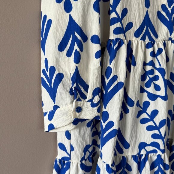 Women's Plus XXL Zara White & Blue Abstract Vine Printed Tiered Mini Dress - Picture 5 of 8